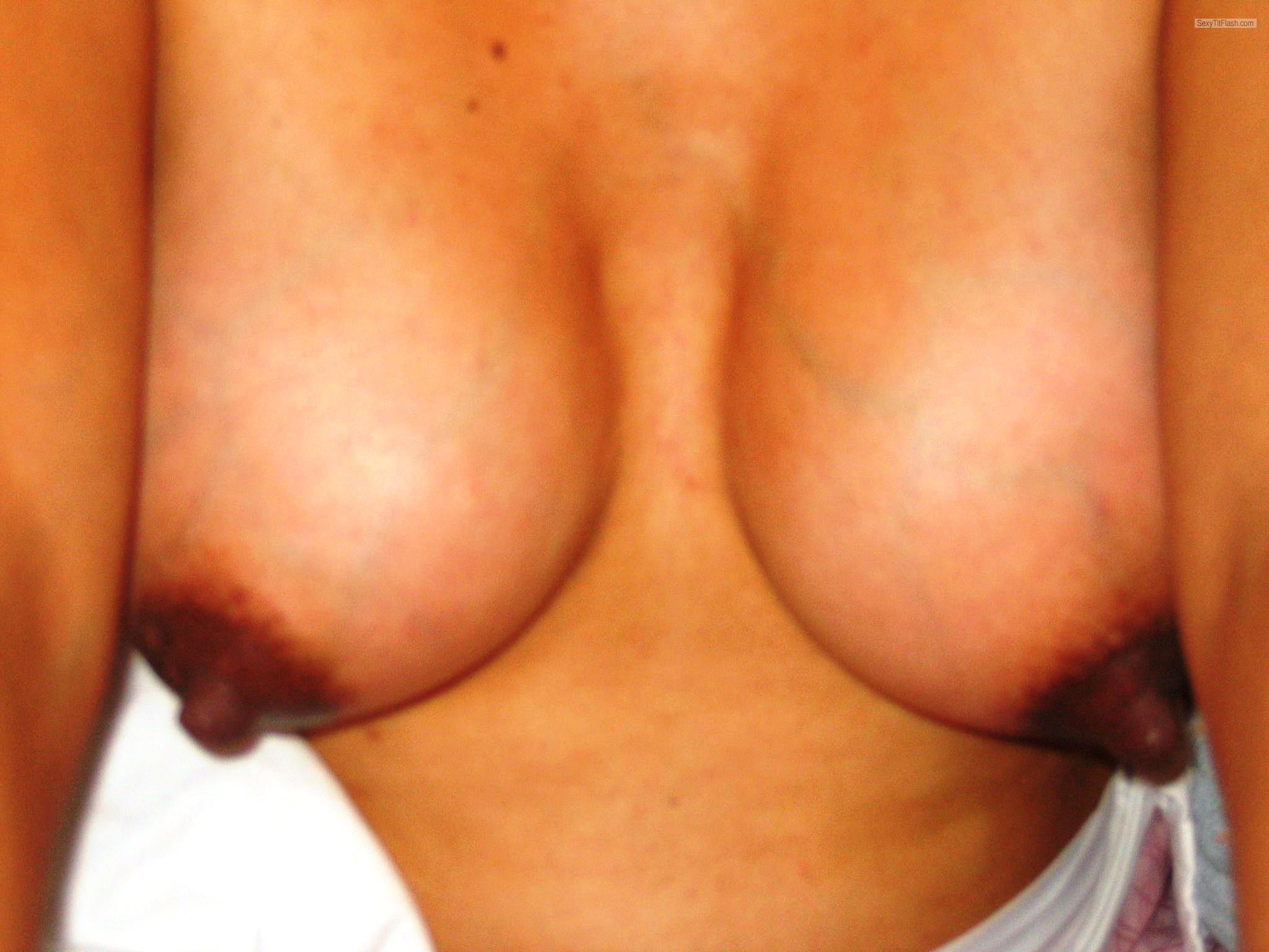 Tit Flash: Wife's Tanlined Medium Tits - Bonobo from United States